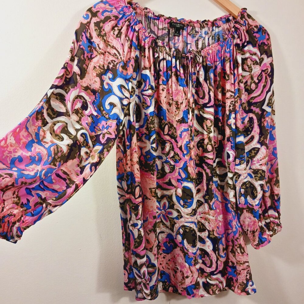 Talbots, Size X Top, Beautiful Multi-Color Print, Tie, Stretch Neck, 3/4 Sleeve - Picture 5 of 12
